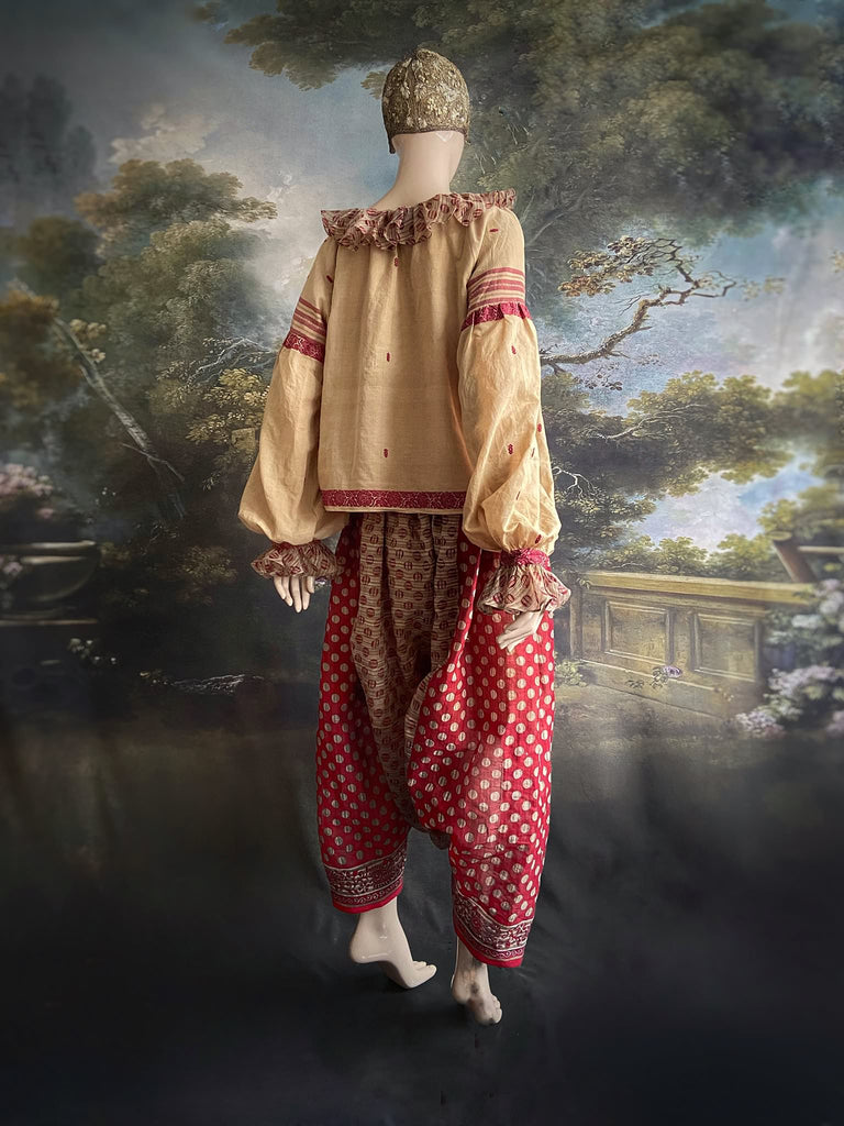 Chamois & claret fine cotton Poiret & Pierrot inspired beach pyjamas with full sleeved frill collar blouse and drawstring Ottoman harem pants. Bohemian styles created from  vintage and antique textiles by the Pavilion Parade studio