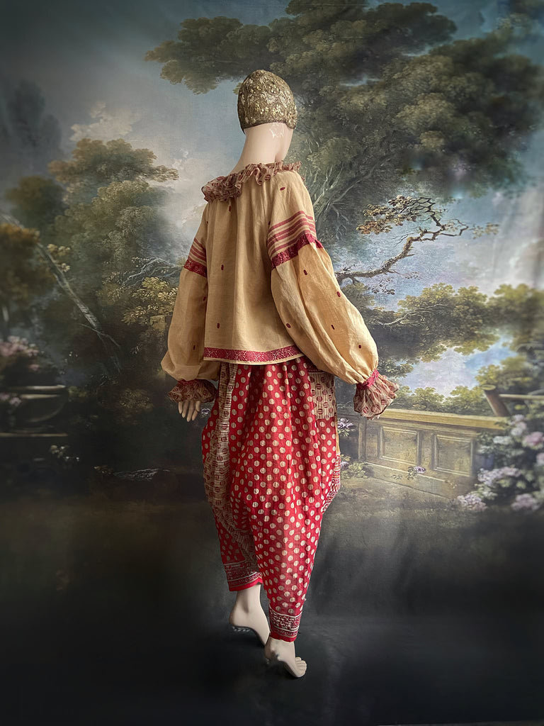 Chamois & claret fine cotton Poiret & Pierrot inspired beach pyjamas with full sleeved frill collar blouse and drawstring Ottoman harem pants. Bohemian styles created from  vintage and antique textiles by the Pavilion Parade studio