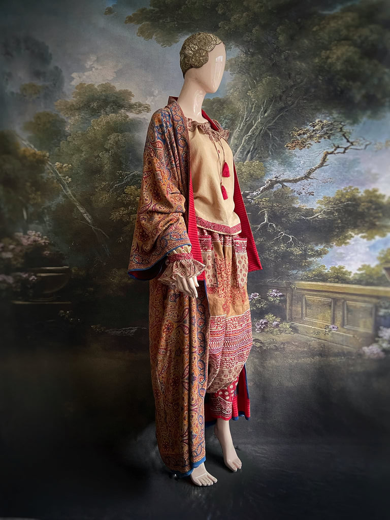 Chamois & claret fine cotton Poiret & Pierrot inspired beach pyjamas with full sleeved frill collar blouse and drawstring Ottoman harem pants. Bohemian styles created from  vintage and antique textiles by the Pavilion Parade studio