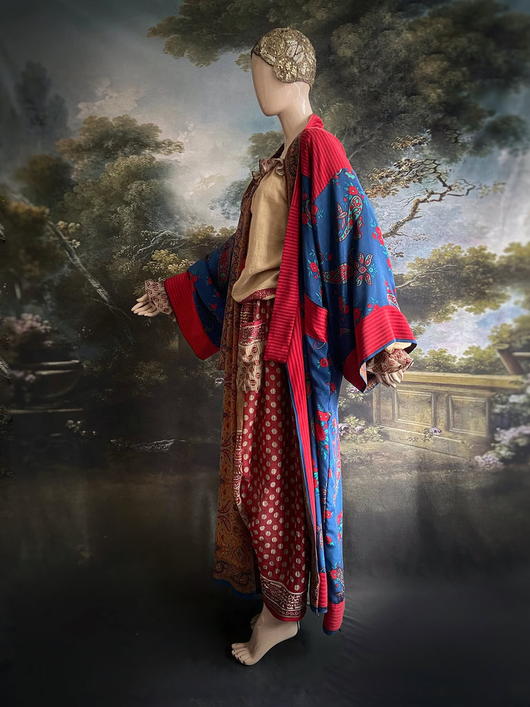 Chamois & claret fine cotton Poiret & Pierrot inspired beach pyjamas with full sleeved frill collar blouse and drawstring Ottoman harem pants. Bohemian styles created from  vintage and antique textiles by the Pavilion Parade studio