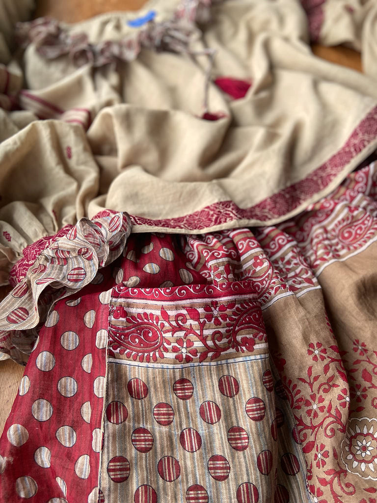 Chamois & claret fine cotton Poiret & Pierrot inspired beach pyjamas with full sleeved frill collar blouse and drawstring Ottoman harem pants. Bohemian styles created from  vintage and antique textiles by the Pavilion Parade studio