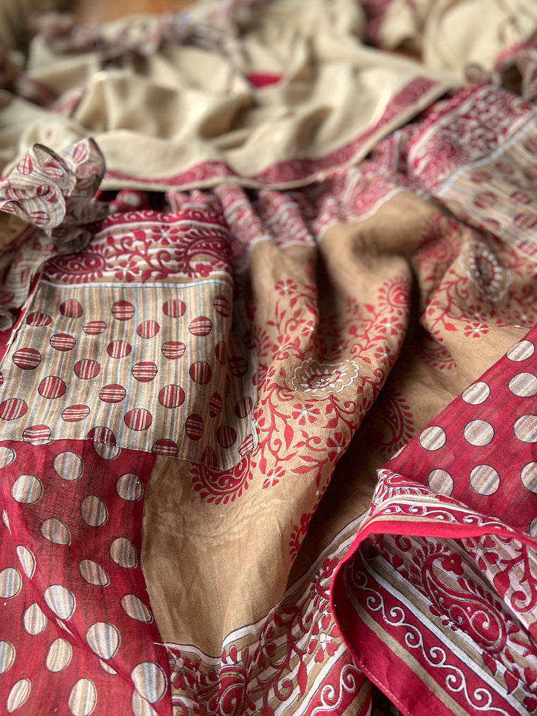 Chamois & claret fine cotton Poiret & Pierrot inspired beach pyjamas with full sleeved frill collar blouse and drawstring Ottoman harem pants. Bohemian styles created from  vintage and antique textiles by the Pavilion Parade studio