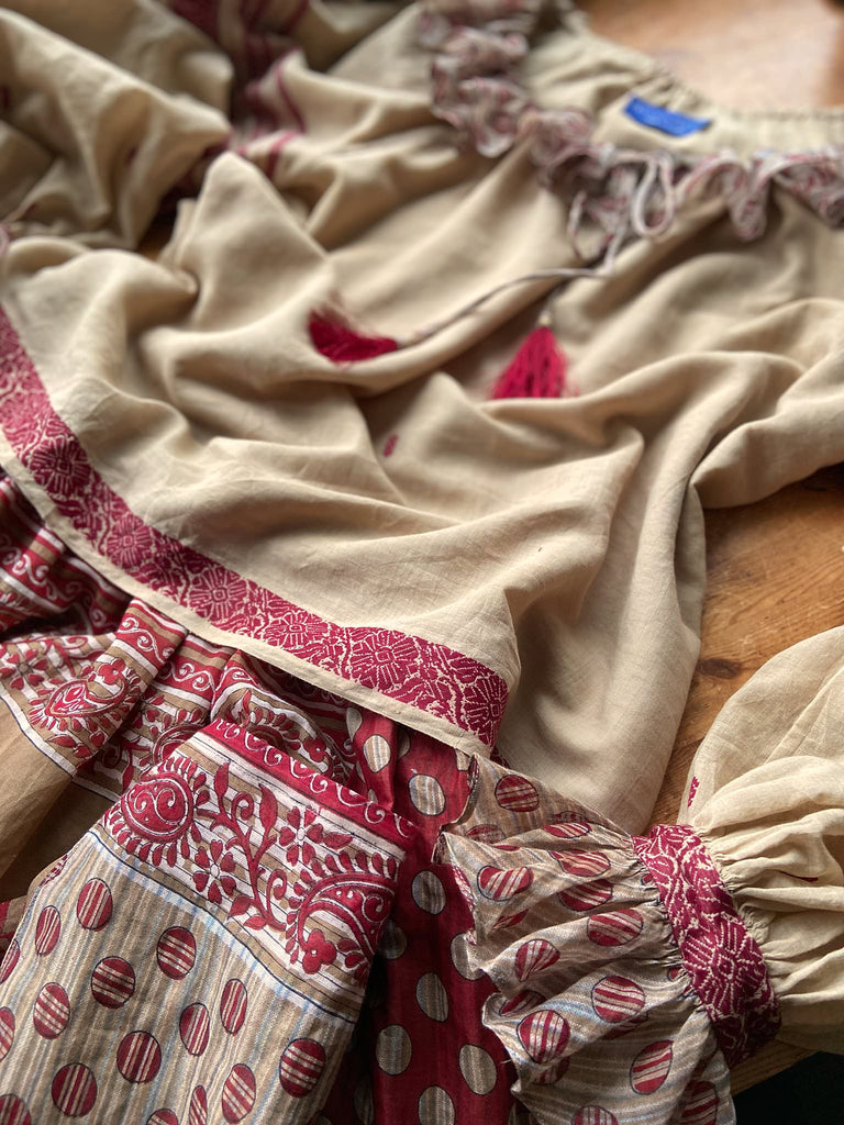 Chamois & claret fine cotton Poiret & Pierrot inspired beach pyjamas with full sleeved frill collar blouse and drawstring Ottoman harem pants. Bohemian styles created from  vintage and antique textiles by the Pavilion Parade studio