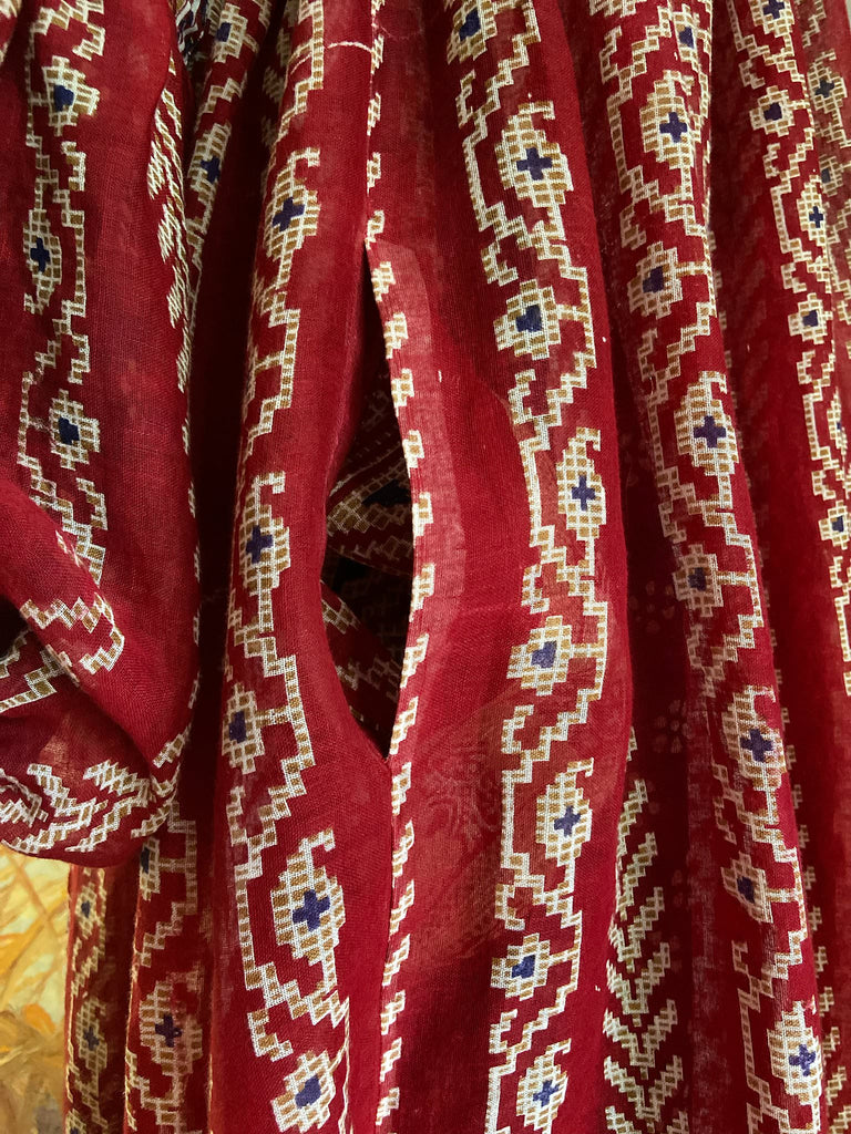 Red, blue and white volume cotton muslin midi maxi dress with balloon sleeves and pockets. Bohemian style sustainably created from vintage and antique textiles by the Pavilion Parade studio. 