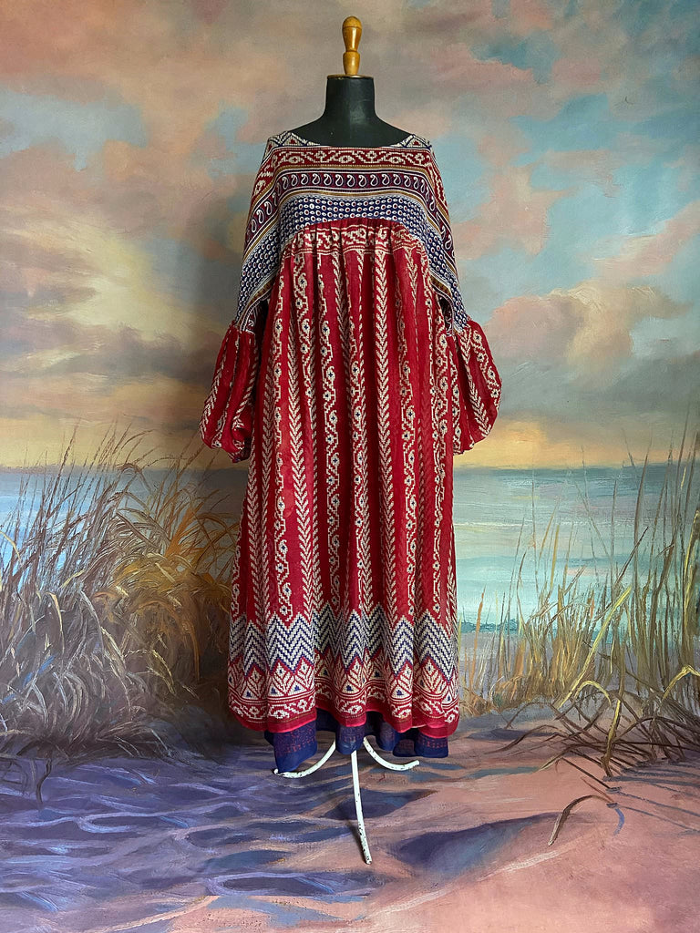 Red, blue and white volume cotton muslin midi maxi dress with balloon sleeves and pockets. Bohemian style sustainably created from vintage and antique textiles by the Pavilion Parade studio. 