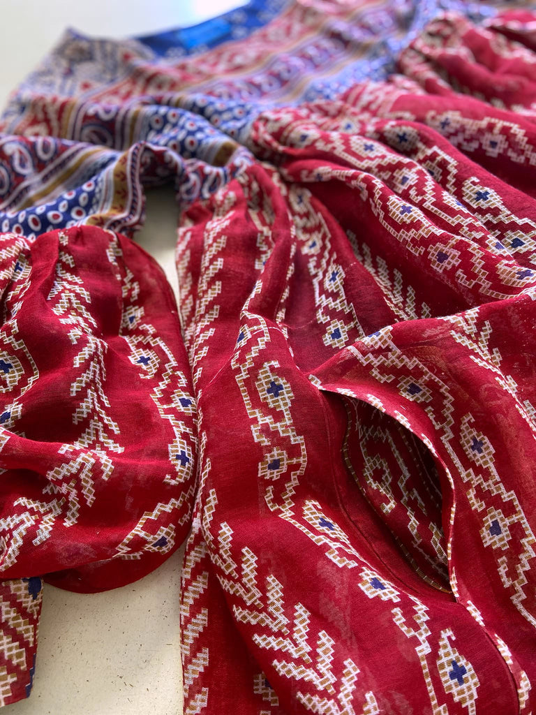 Red, blue and white volume cotton muslin midi maxi dress with balloon sleeves and pockets. Bohemian style sustainably created from vintage and antique textiles by the Pavilion Parade studio. 