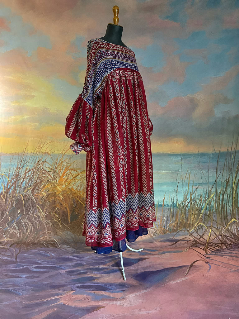 Red, blue and white volume cotton muslin midi maxi dress with balloon sleeves and pockets. Bohemian style sustainably created from vintage and antique textiles by the Pavilion Parade studio. 