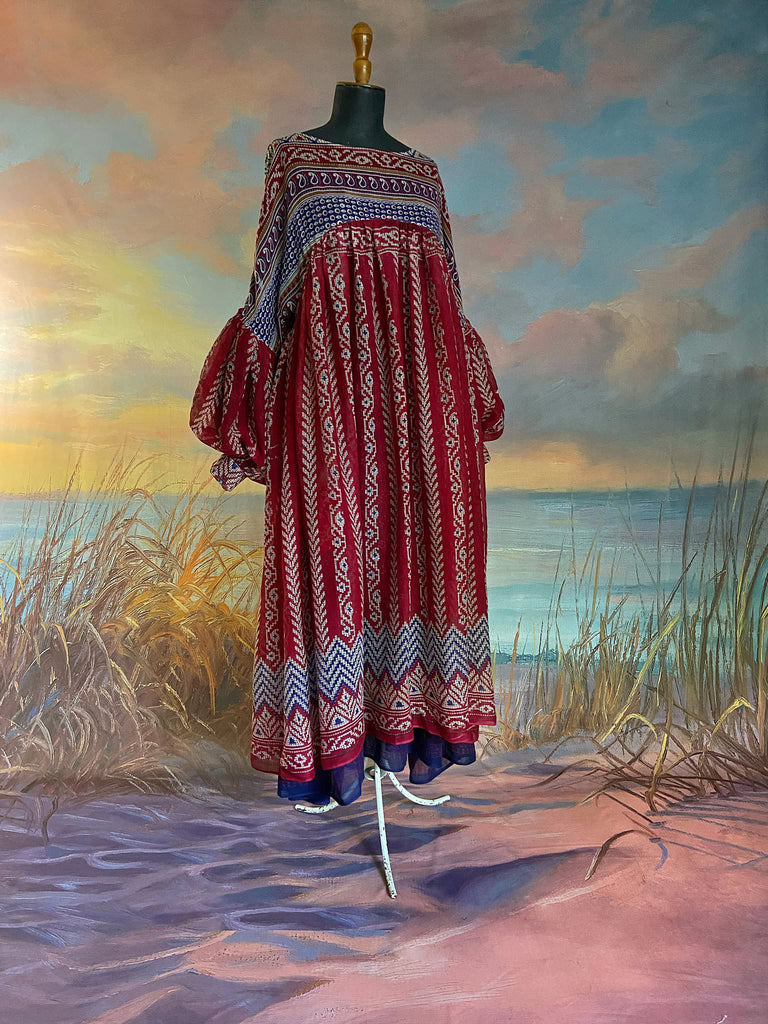 Red, blue and white volume cotton muslin midi maxi dress with balloon sleeves and pockets. Bohemian style sustainably created from vintage and antique textiles by the Pavilion Parade studio. 