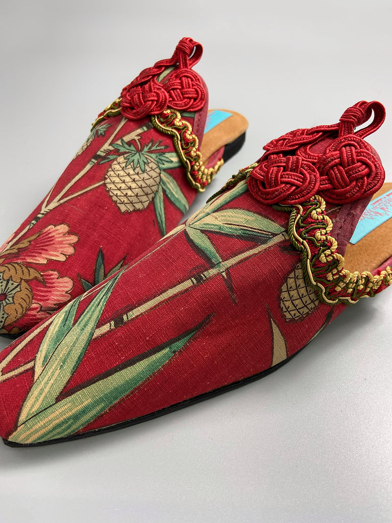 Red French Indienne square toe mules with crimson silk satin ankle ties. Bohemian slipper shoes created from antique textiles by the Pavilion Parade studio