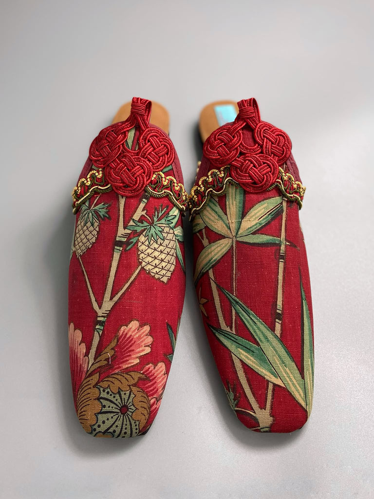 Red French Indienne square toe mules with crimson silk satin ankle ties. Bohemian slipper shoes created from antique textiles by the Pavilion Parade studio