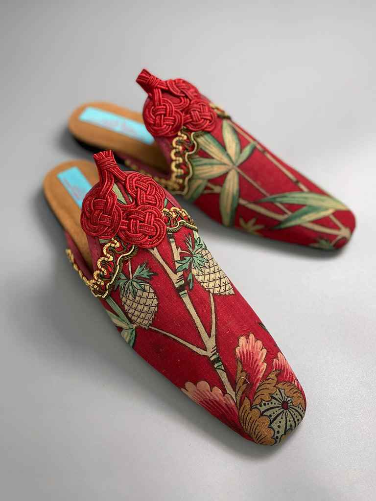 Red French Indienne square toe mules with crimson silk satin ankle ties. Bohemian slipper shoes created from antique textiles by the Pavilion Parade studio