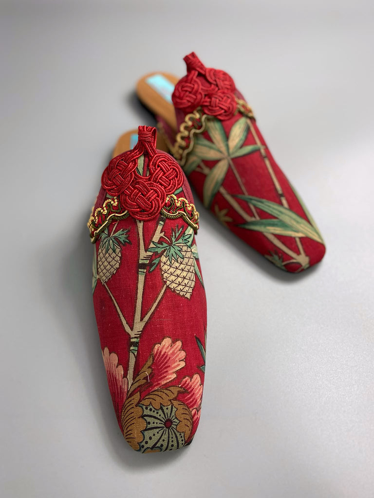 Red French Indienne square toe mules with crimson silk satin ankle ties. Bohemian slipper shoes created from antique textiles by the Pavilion Parade studio