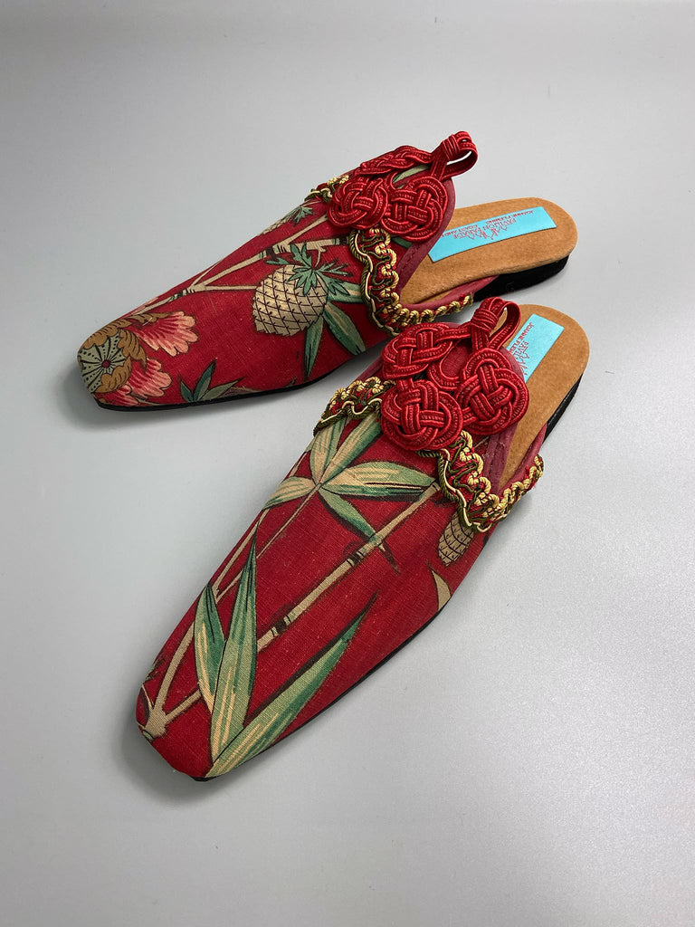 Red French Indienne square toe mules with crimson silk satin ankle ties. Bohemian slipper shoes created from antique textiles by the Pavilion Parade studio