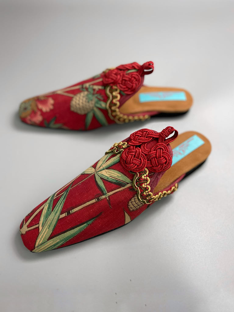 Red French Indienne square toe mules with crimson silk satin ankle ties. Bohemian slipper shoes created from antique textiles by the Pavilion Parade studio