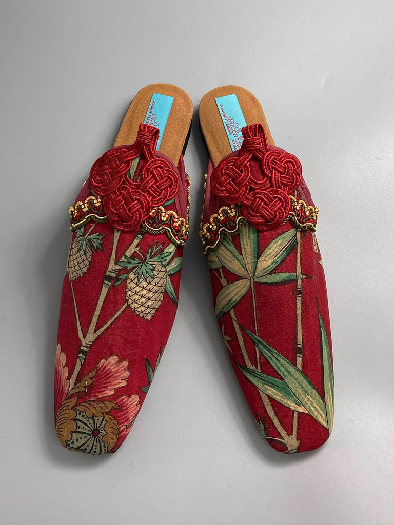 Red French Indienne square toe mules with crimson silk satin ankle ties. Bohemian slipper shoes created from antique textiles by the Pavilion Parade studio