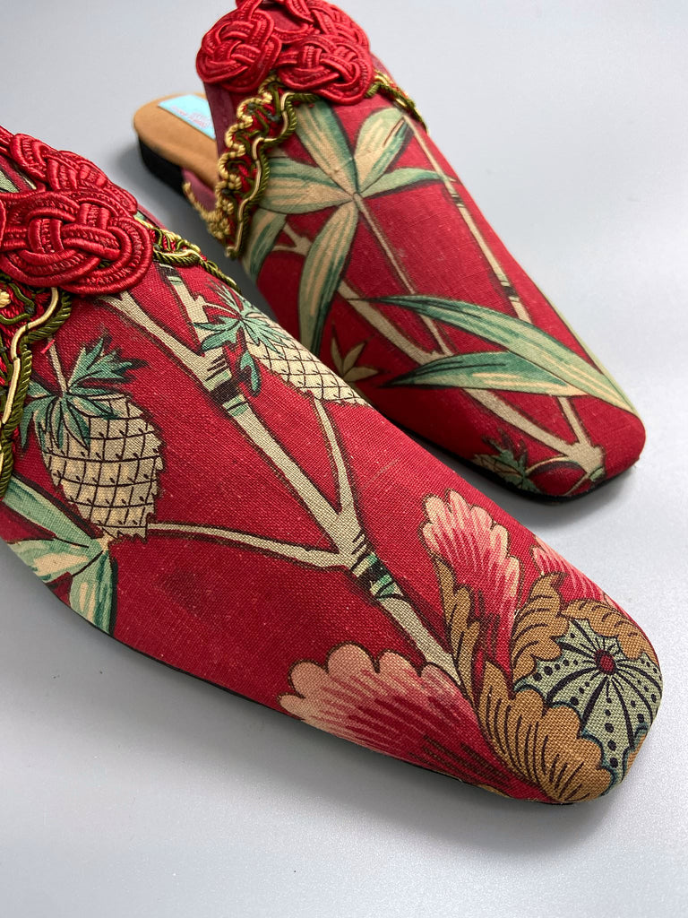 Red French Indienne square toe mules with crimson silk satin ankle ties. Bohemian slipper shoes created from antique textiles by the Pavilion Parade studio