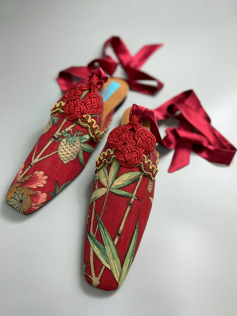 Red French Indienne square toe mules with crimson silk satin ankle ties. Bohemian slipper shoes created from antique textiles by the Pavilion Parade studio