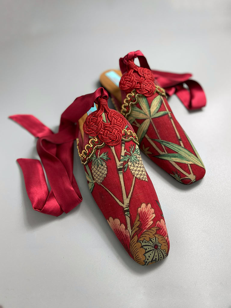 Red French Indienne square toe mules with crimson silk satin ankle ties. Bohemian slipper shoes created from antique textiles by the Pavilion Parade studio