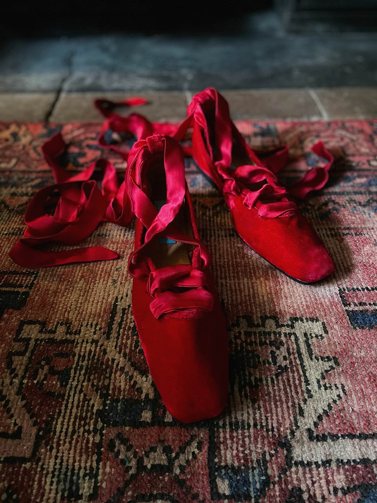 Red silk velvet ballerina shoes with long silk satin ankle ribbons, by Pavilion Parade