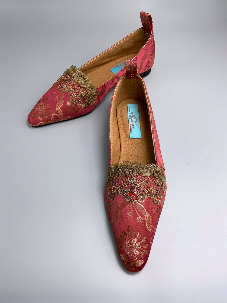 Deep rose pink silk brocade Regency inspired dancing slippers with metallic gold filigree lace embellishment and silk satin ankle ribbons. Bohemian style sustainably created from antique textiles by the Pavilion Parade studio.