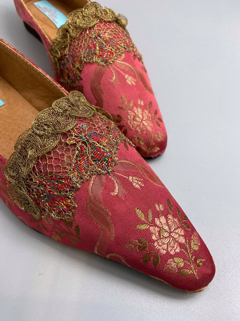 Deep rose pink silk brocade Regency inspired dancing slippers with metallic gold filigree lace embellishment and silk satin ankle ribbons. Bohemian style sustainably created from antique textiles by the Pavilion Parade studio.