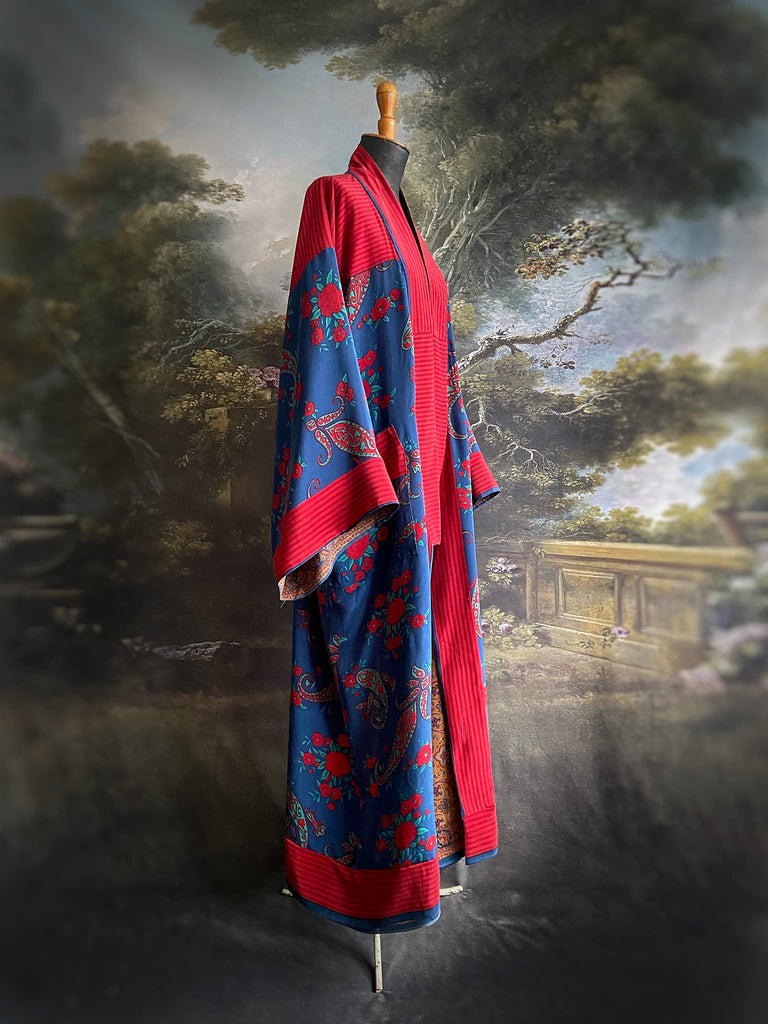 Vibrant blue and crimson silk crepe 1920s inspired kimono robe. Bohemian styles sustainably created from vintage textiles by the Pavilion Parade studio.