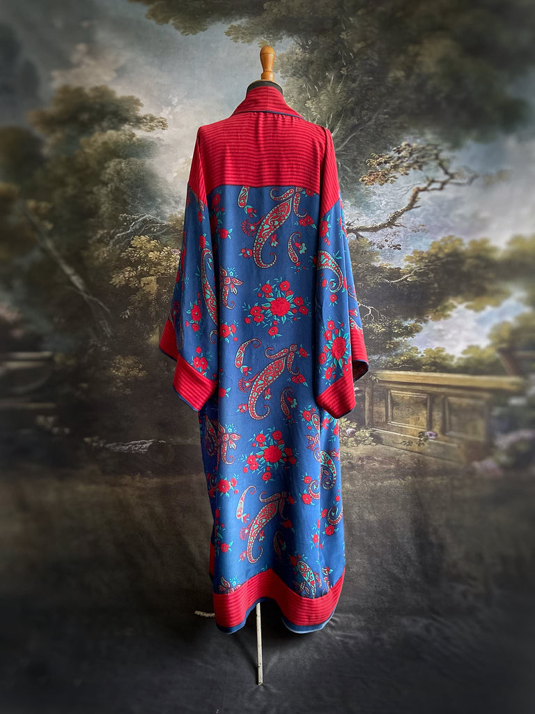 Vibrant blue and crimson silk crepe 1920s inspired kimono robe. Bohemian styles sustainably created from vintage textiles by the Pavilion Parade studio.