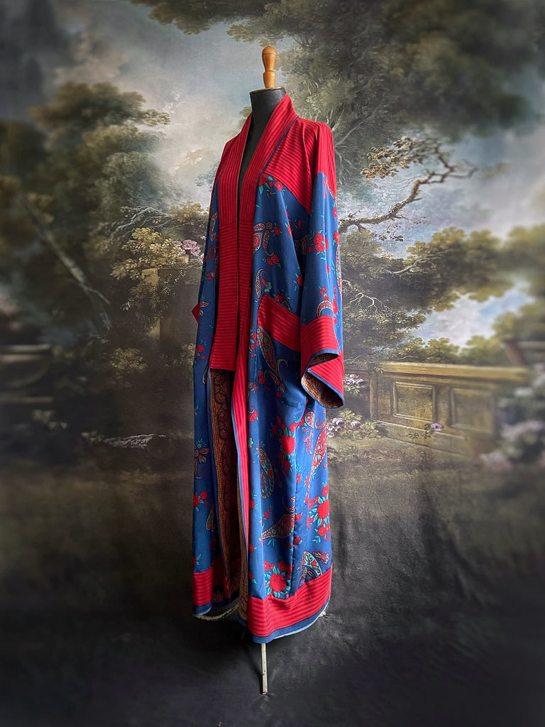 Vibrant blue and crimson silk crepe 1920s inspired kimono robe. Bohemian styles sustainably created from vintage textiles by the Pavilion Parade studio.