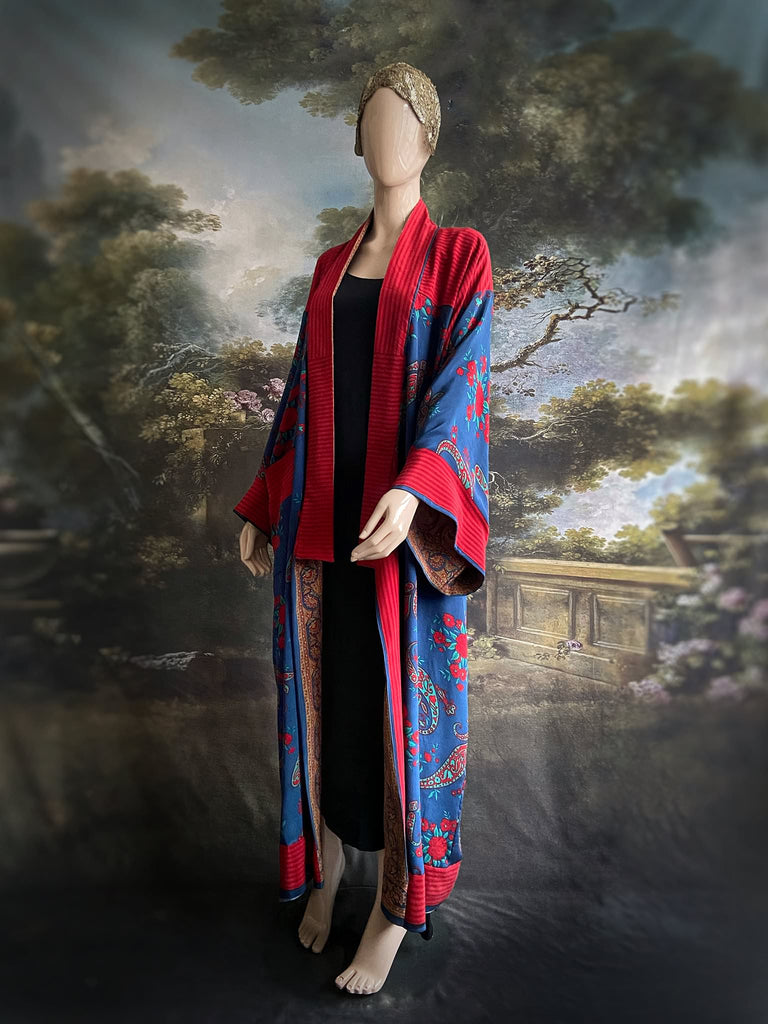 Vibrant blue and crimson silk crepe 1920s inspired kimono robe. Bohemian styles sustainably created from vintage textiles by the Pavilion Parade studio.