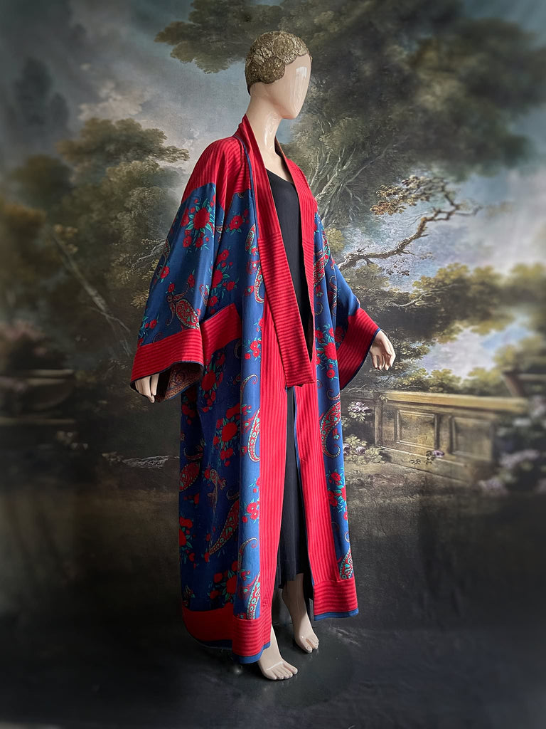 Vibrant blue and crimson silk crepe 1920s inspired kimono robe. Bohemian styles sustainably created from vintage textiles by the Pavilion Parade studio.