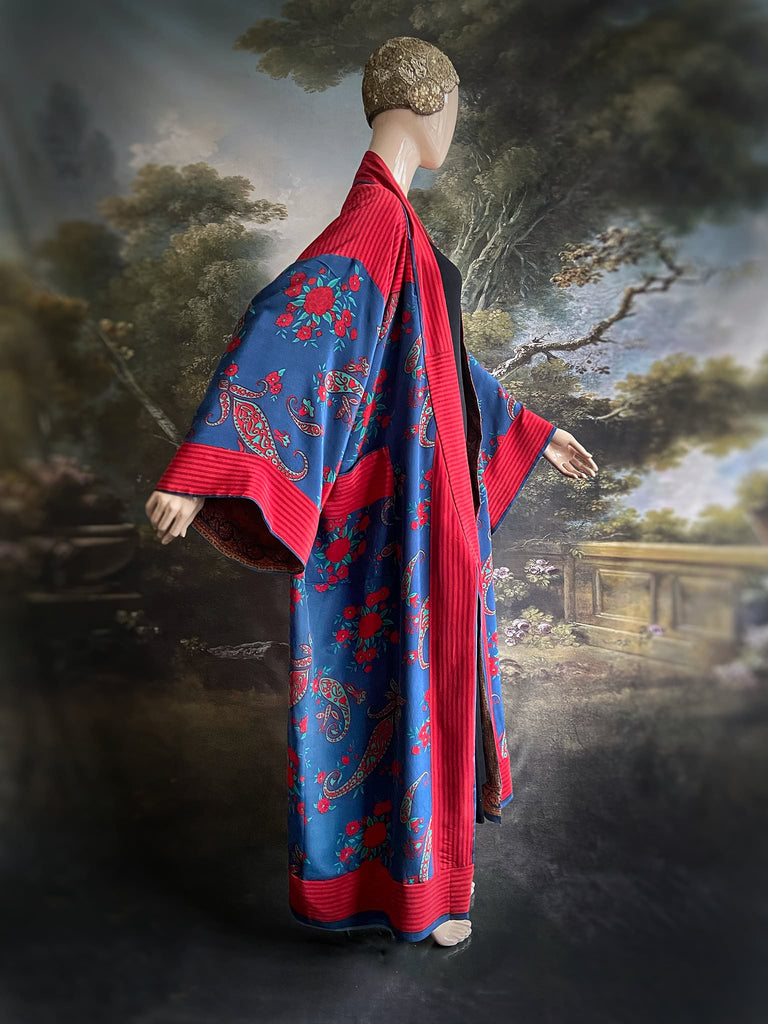 Vibrant blue and crimson silk crepe 1920s inspired kimono robe. Bohemian styles sustainably created from vintage textiles by the Pavilion Parade studio.