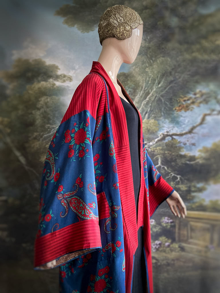 Vibrant blue and crimson silk crepe 1920s inspired kimono robe. Bohemian styles sustainably created from vintage textiles by the Pavilion Parade studio.