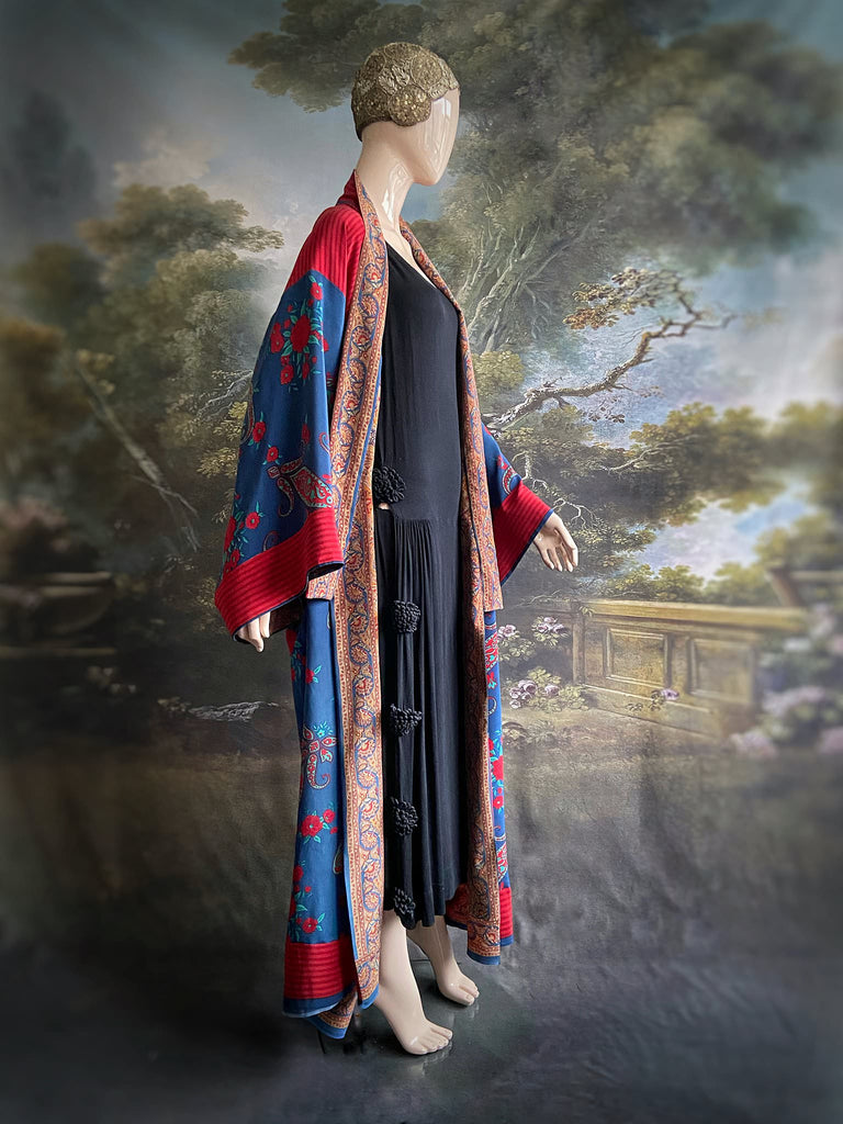 Vibrant blue and crimson silk crepe 1920s inspired kimono robe. Bohemian styles sustainably created from vintage textiles by the Pavilion Parade studio.