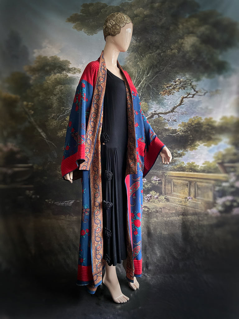 Vibrant blue and crimson silk crepe 1920s inspired kimono robe. Bohemian styles sustainably created from vintage textiles by the Pavilion Parade studio.