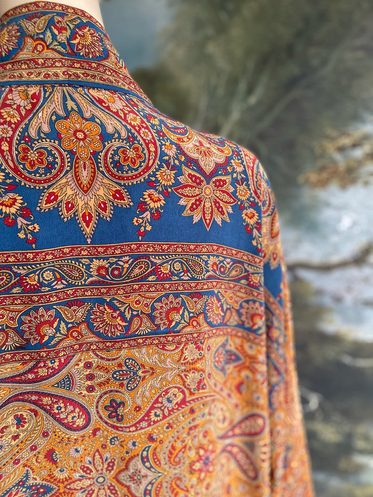 Saffron, red, and cerulean blue silk crepe 1920s inspired kimono robe. Bohemian styles sustainably created from vintage textiles by the Pavilion Parade studio.