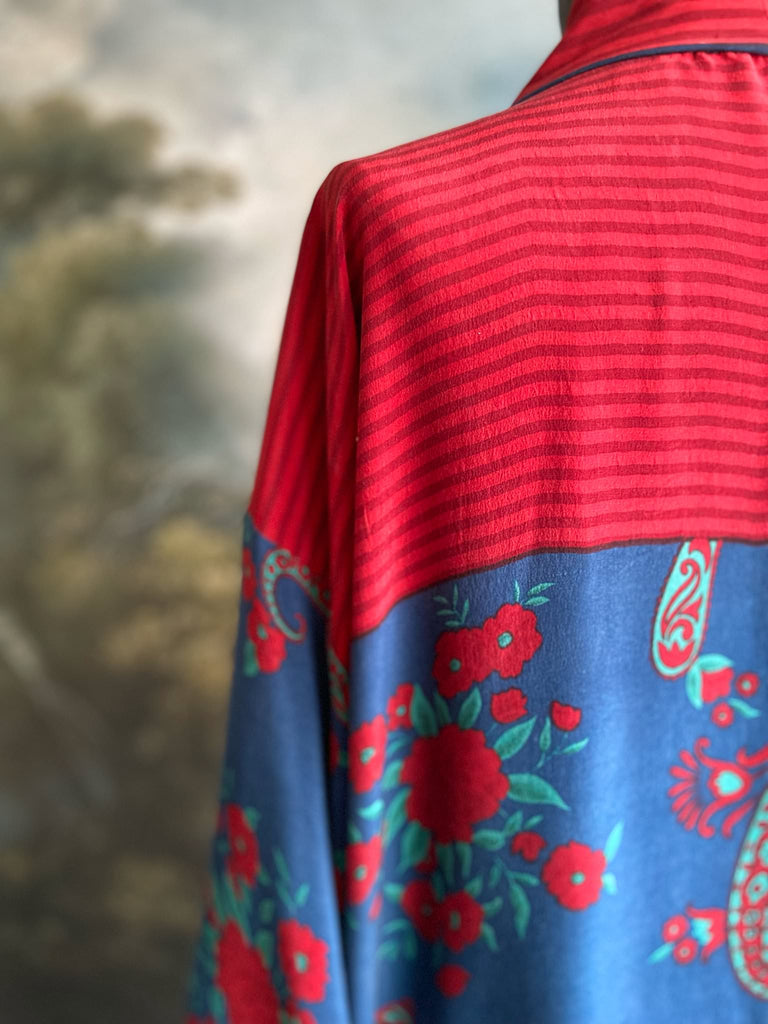 Vibrant blue and crimson silk crepe 1920s inspired kimono robe. Bohemian styles sustainably created from vintage textiles by the Pavilion Parade studio.
