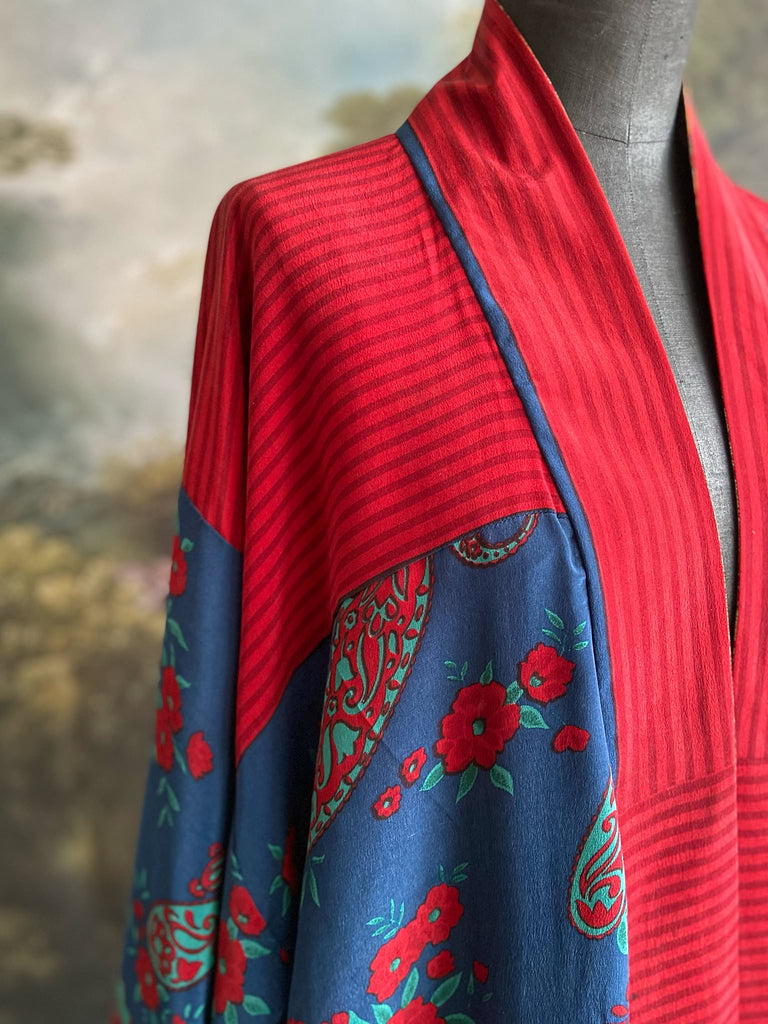 Vibrant blue and crimson silk crepe 1920s inspired kimono robe. Bohemian styles sustainably created from vintage textiles by the Pavilion Parade studio.