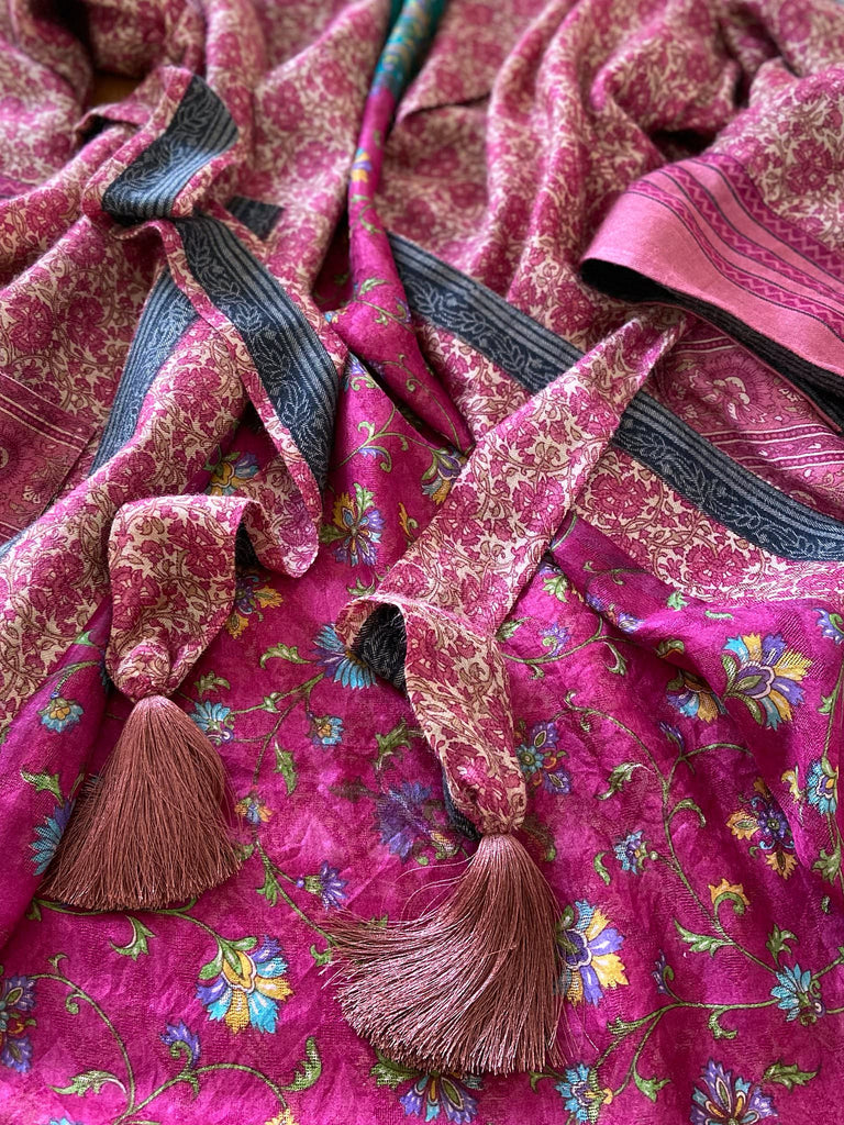 Rose pink silk lined fine wool dressing robe with wide sleeves, deep pockets and tassel sash. Bohemian styles sustainably created from antique and vintage textiles by the Pavilion Parade studio