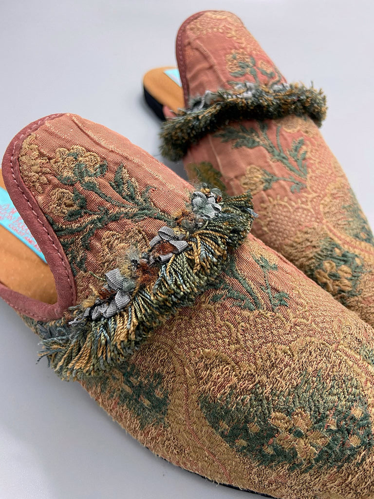 Muted rose pink and slate blue silk brocade pointed toe shoes with tassel fringe and rococo ribbon trims. Created from antique textiles by the Pavilion Parade Studio