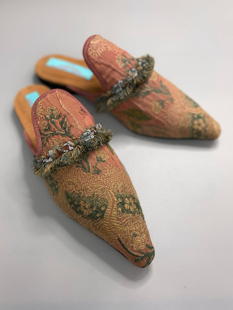 Muted rose pink and slate blue silk brocade pointed toe shoes with tassel fringe and rococo ribbon trims. Created from antique textiles by the Pavilion Parade Studio