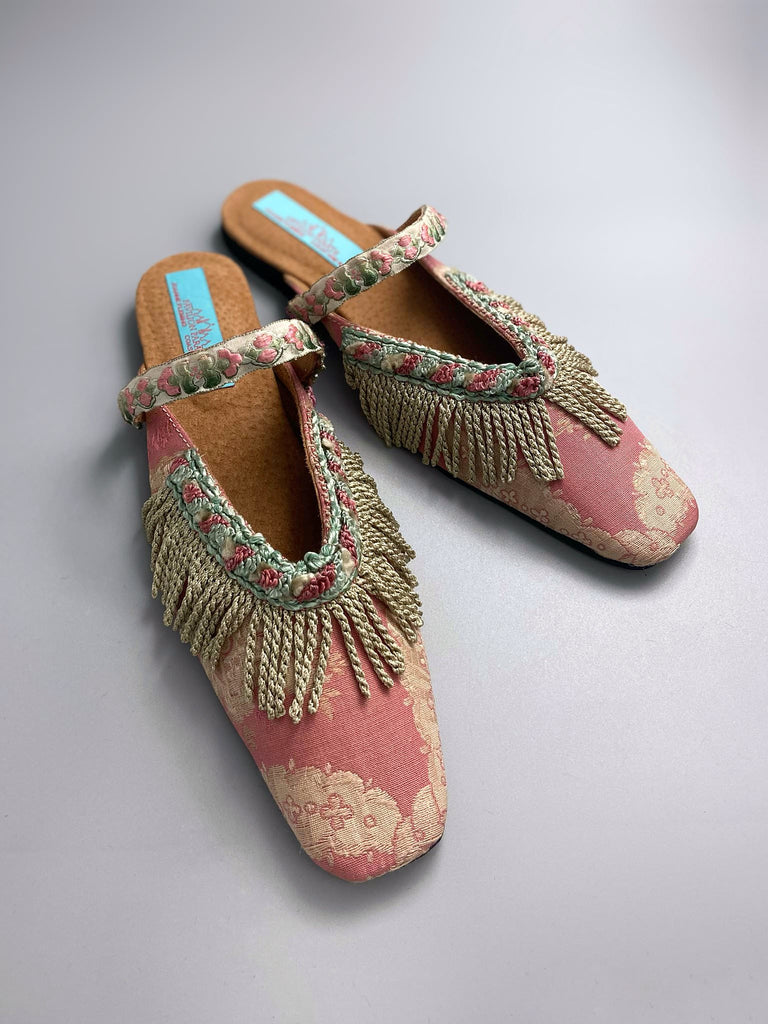 Dusty pink square toed silk brocade shoes with silk tassel fringe. Bohemian styles created from antique textiles by the Pavilion Parade studio.