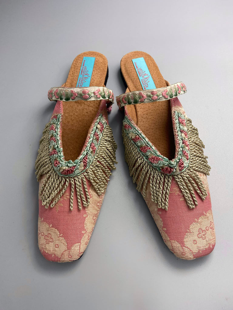 Dusty pink square toed silk brocade shoes with silk tassel fringe. Bohemian styles created from antique textiles by the Pavilion Parade studio.