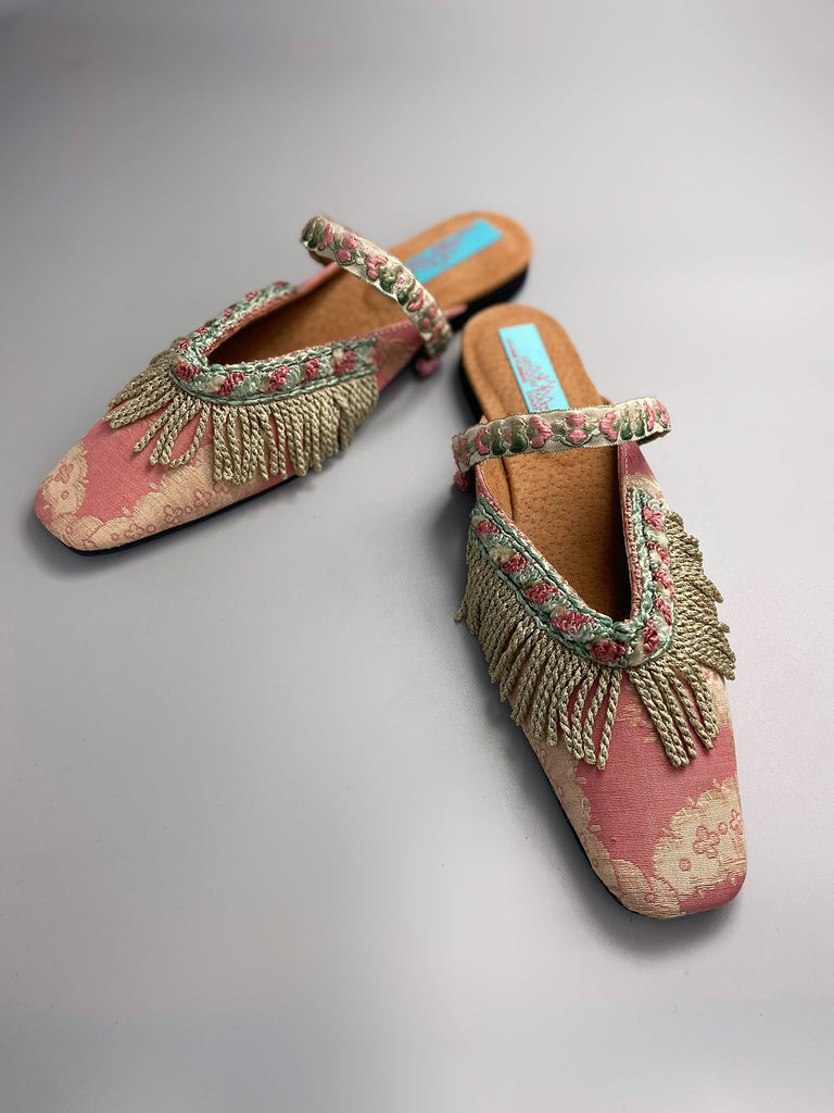 Dusty pink square toed silk brocade shoes with silk tassel fringe. Bohemian styles created from antique textiles by the Pavilion Parade studio.