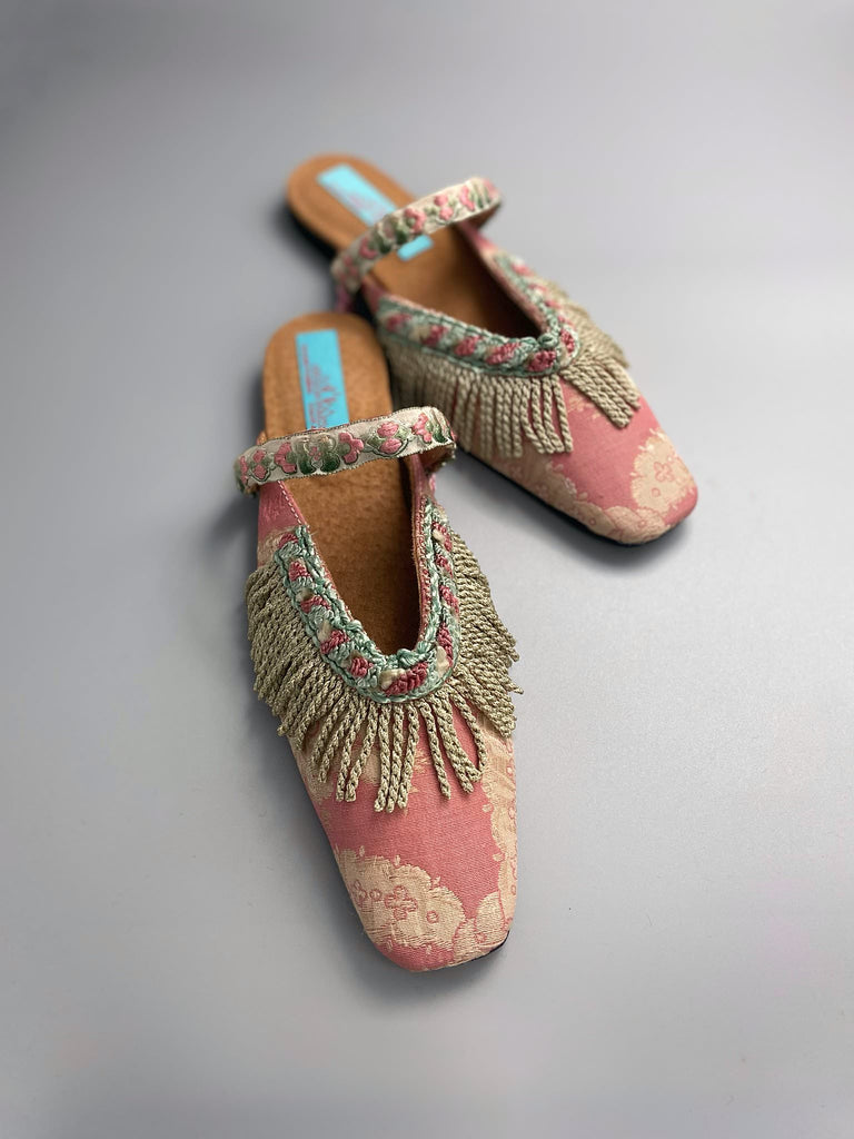 Dusty pink square toed silk brocade shoes with silk tassel fringe. Bohemian styles created from antique textiles by the Pavilion Parade studio.
