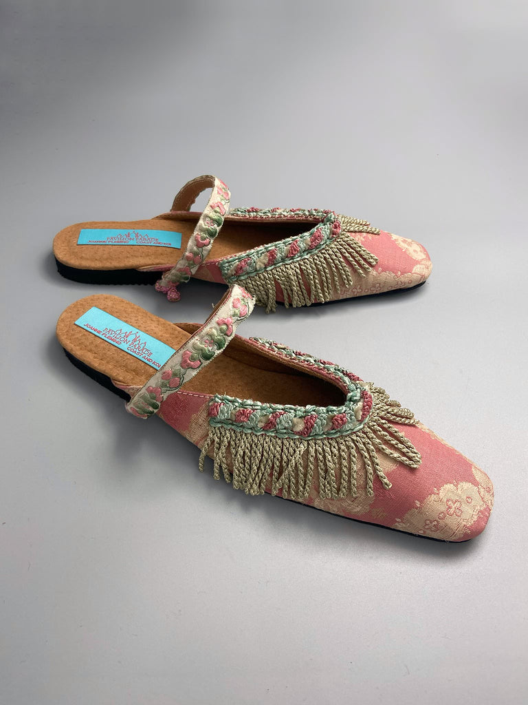 Dusty pink square toed silk brocade shoes with silk tassel fringe. Bohemian styles created from antique textiles by the Pavilion Parade studio.