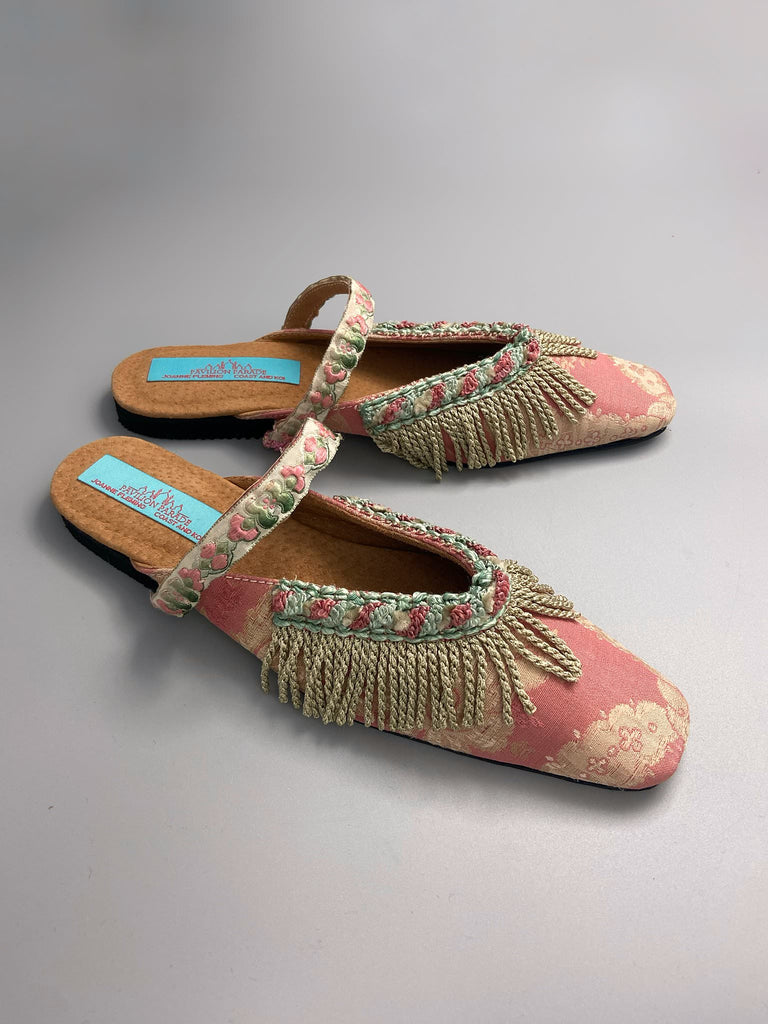 Dusty pink square toed silk brocade shoes with silk tassel fringe. Bohemian styles created from antique textiles by the Pavilion Parade studio.