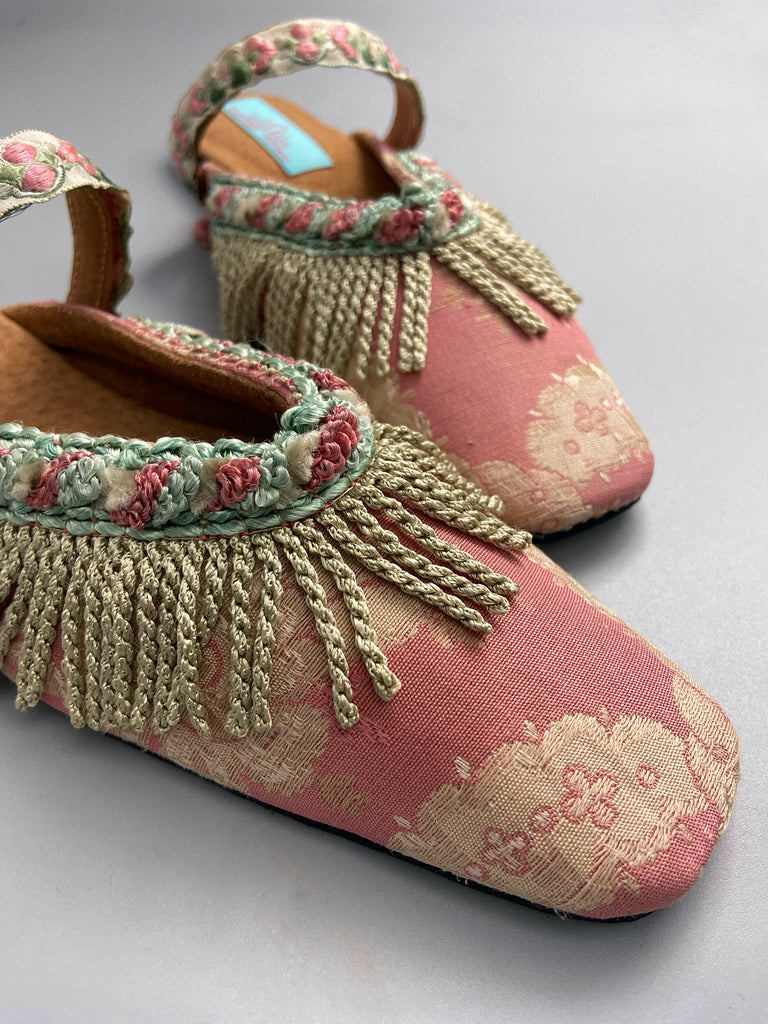 Dusty pink square toed silk brocade shoes with silk tassel fringe. Bohemian styles created from antique textiles by the Pavilion Parade studio.