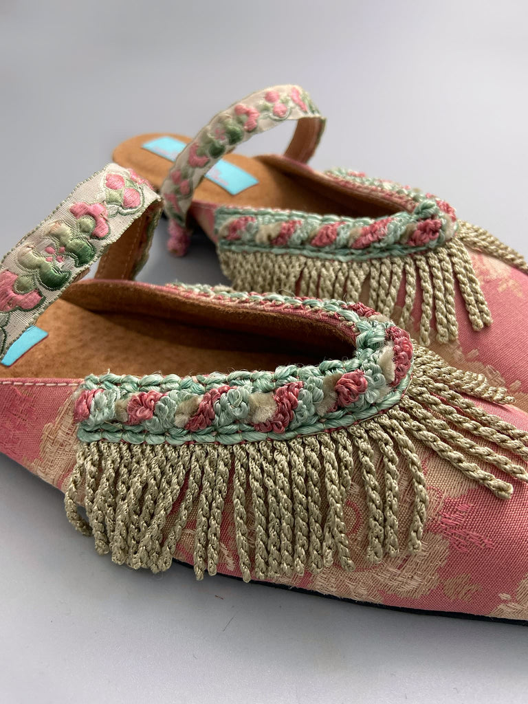 Dusty pink square toed silk brocade shoes with silk tassel fringe. Bohemian styles created from antique textiles by the Pavilion Parade studio.