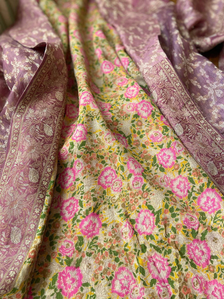 Rose pink and platinum lightweight luxury silk wrapper robe with wide sleeves, large patch pockets and tassel sash. Bohemian style created from antique and vintage textiles by the Pavilion Parade studio.