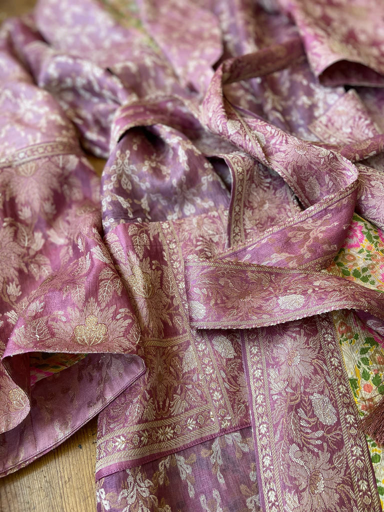 Rose pink and platinum lightweight luxury silk wrapper robe with wide sleeves, large patch pockets and tassel sash. Bohemian style created from antique and vintage textiles by the Pavilion Parade studio.